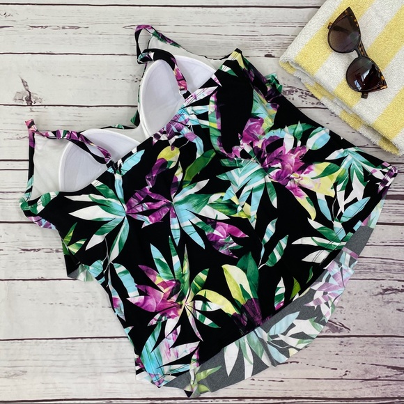 Aqua Green Tiered Leaf Print Tankini Top - Picture 6 of 8